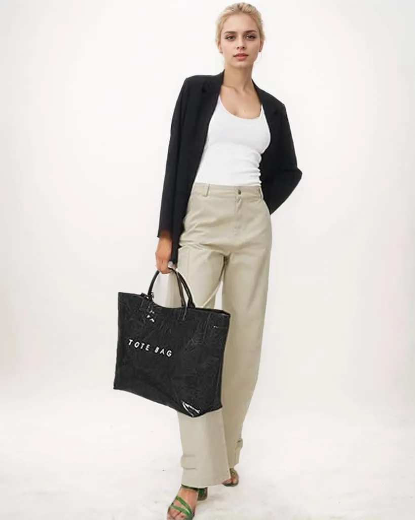 PVC Tote Bag for Women Kraft Paper Large Tote Bag Fashion Paper Bag Trendy Letter Print Tote Bag Top Handle