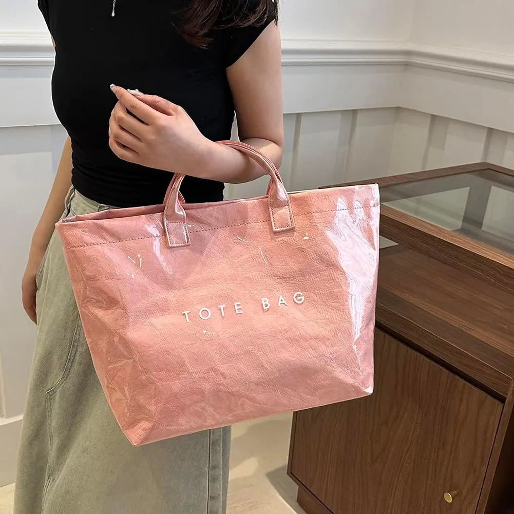 PVC Tote Bag for Women Large Letters Print Handbag Plastic Clear Tote Bag Kraft Paper Handbag