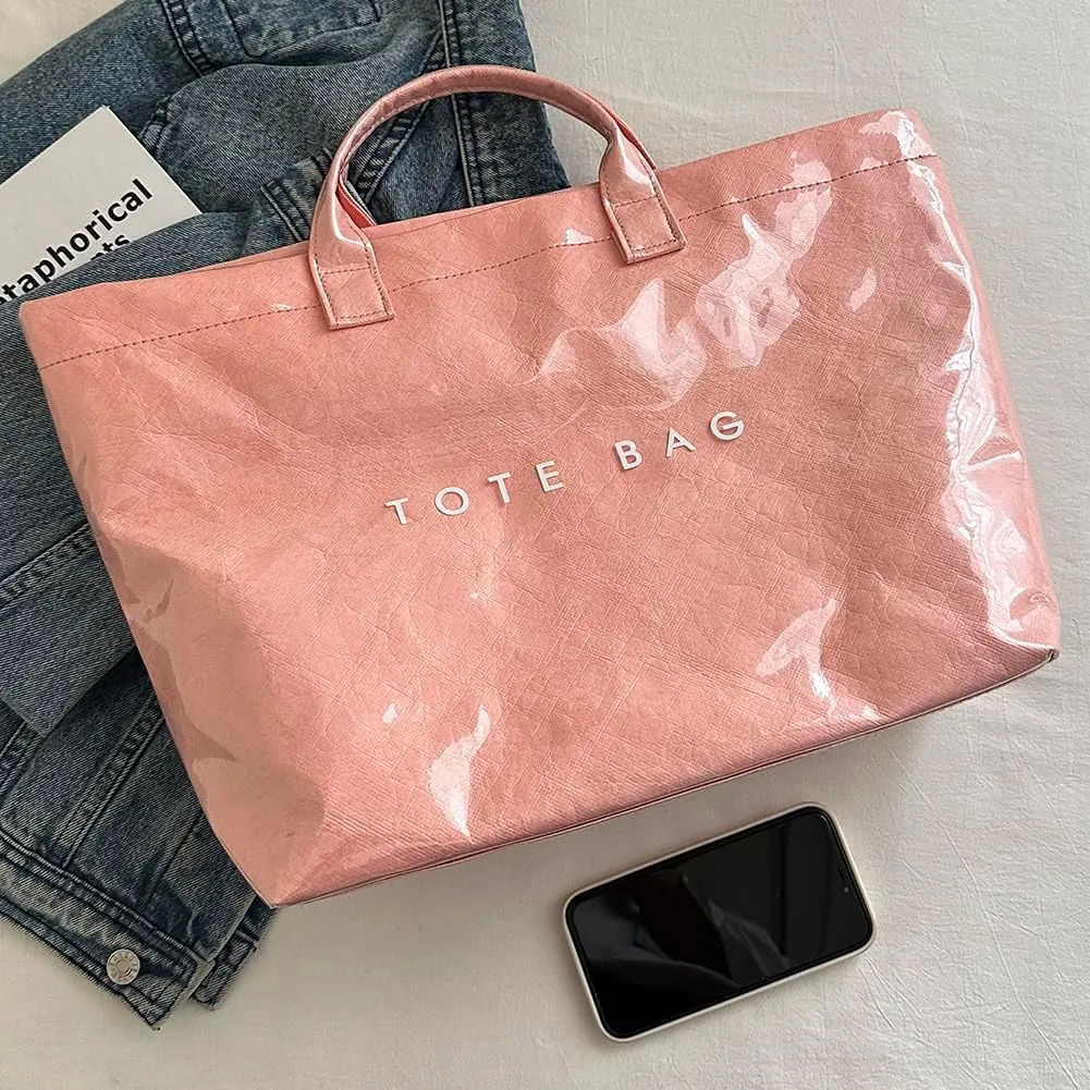 PVC Tote Bag for Women Large Letters Print Handbag Plastic Clear Tote Bag Kraft Paper Handbag