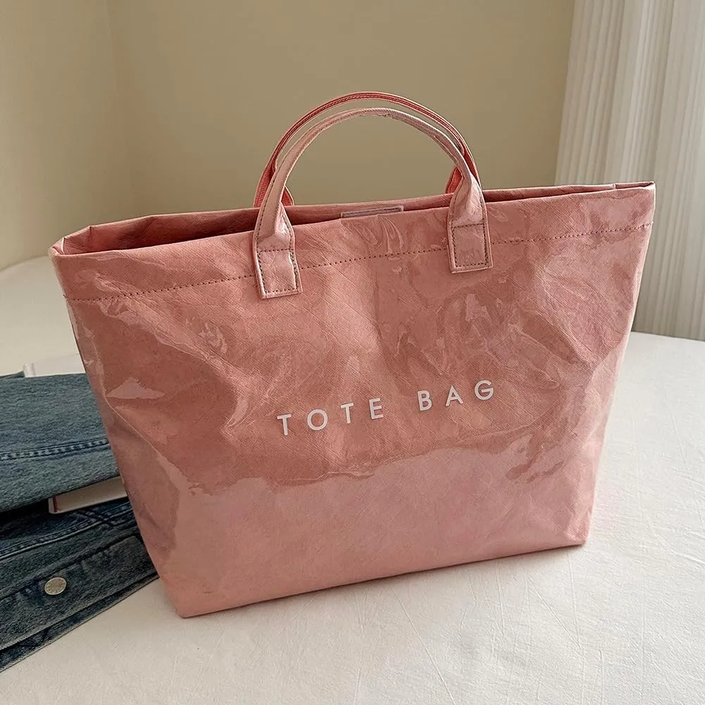 PVC Tote Bag for Women Large Letters Print Handbag Plastic Clear Tote Bag Kraft Paper Handbag