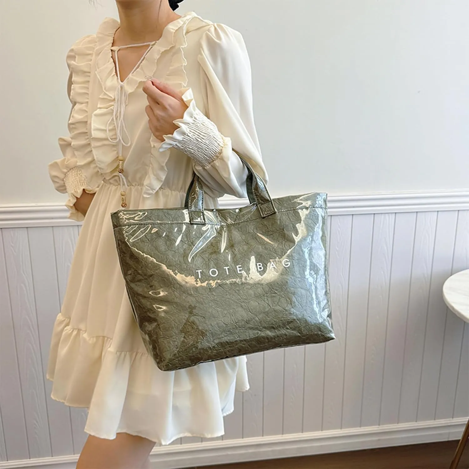 PVC Tote Bag for Women Solid Color Large Letter Print Tote Bag Kraft Paper Clear Plastic Handbag Top Handle Bag