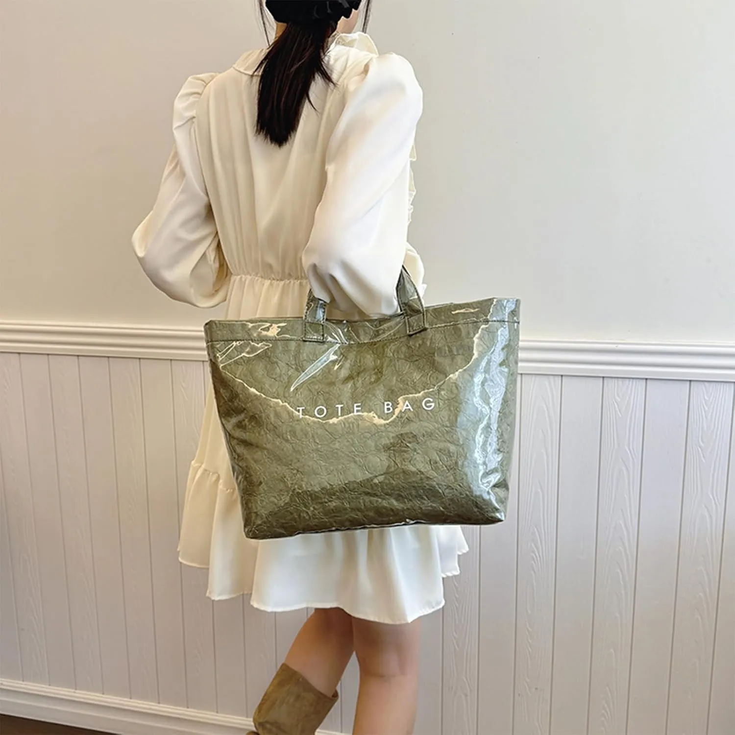 PVC Tote Bag for Women Solid Color Large Letter Print Tote Bag Kraft Paper Clear Plastic Handbag Top Handle Bag