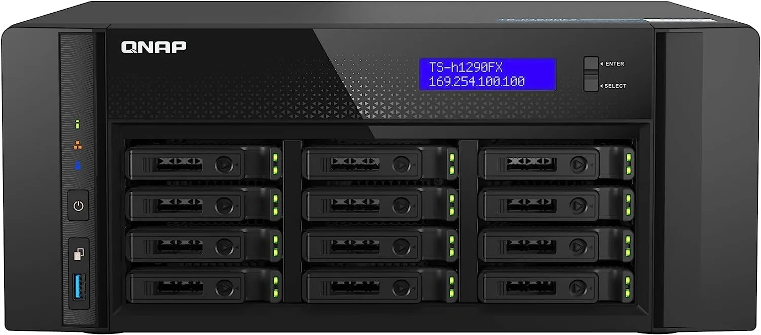 QNAP TS-h1290FX-7302P-128G-US 12 Bay U.2 NVMe/SATA All-Flash Desktop NAS Ideal for Office environments, collaborative 4K/8K Video Editing, and File Sharing