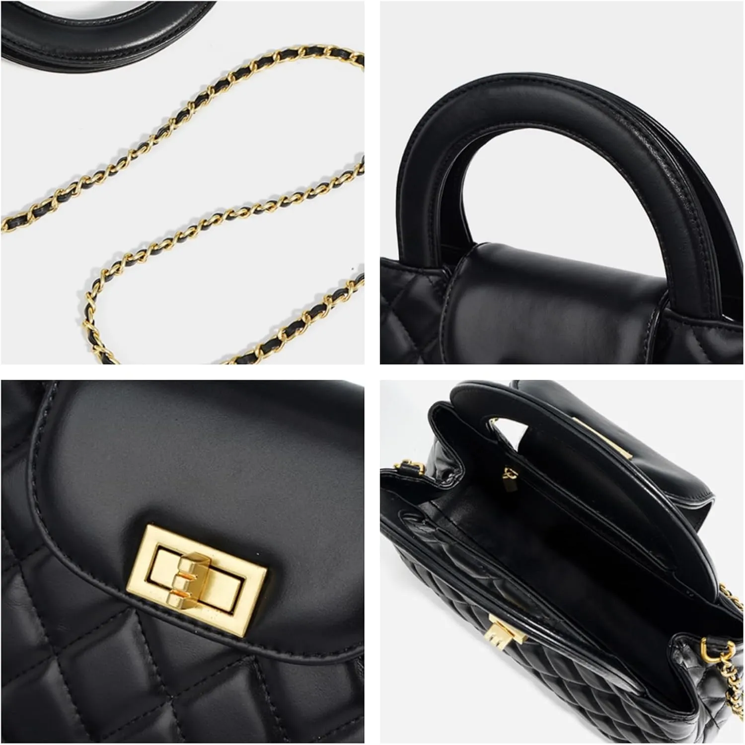 Quilted Leather Crossbody Bags for Women with Chain Strap Trendy Small Flap Handbag,Black