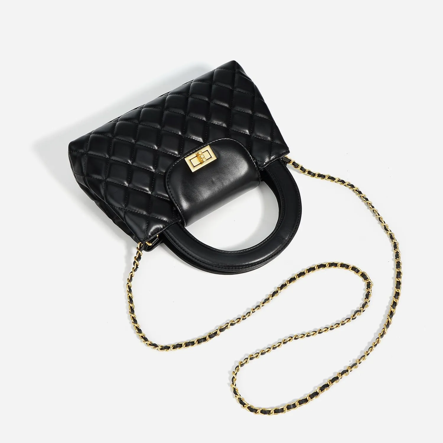 Quilted Leather Crossbody Bags for Women with Chain Strap Trendy Small Flap Handbag,Black