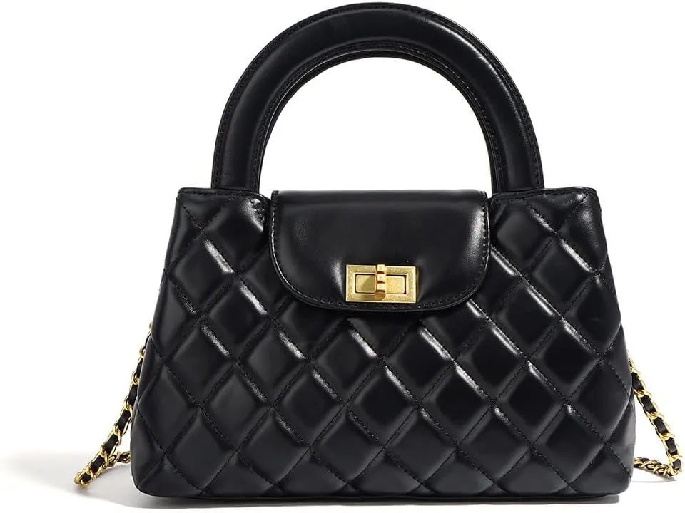 Quilted Leather Crossbody Bags for Women with Chain Strap Trendy Small Flap Handbag,Black