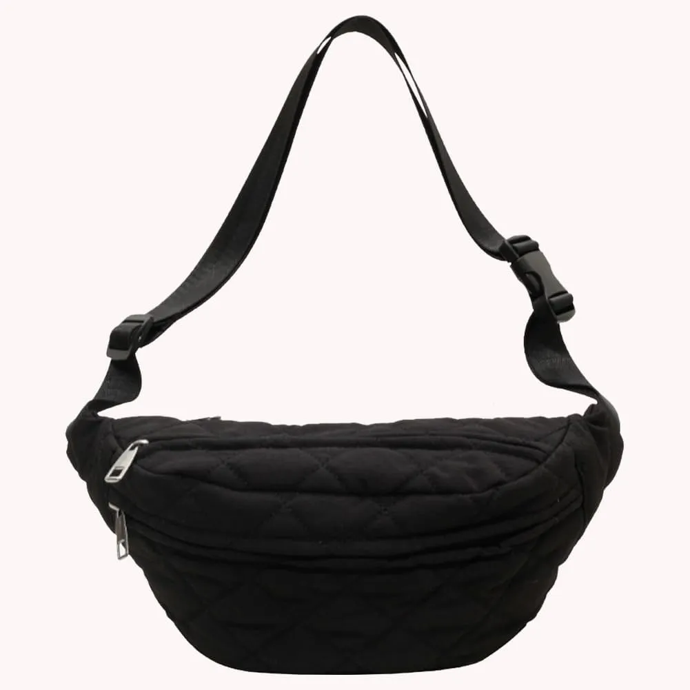 Quilted Waist Bag Fashion Chest Bag Adjustable Strap Trendy Fanny Pack Large Capacity Crossbody Sling Bag Zip Closure Outdoor Travel Bag (Black)
