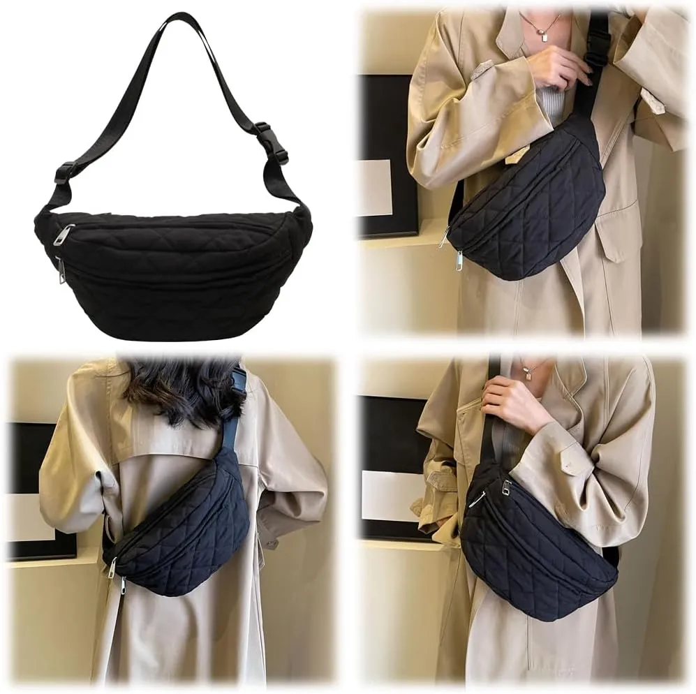 Quilted Waist Bag Fashion Chest Bag Adjustable Strap Trendy Fanny Pack Large Capacity Crossbody Sling Bag Zip Closure Outdoor Travel Bag (Black)