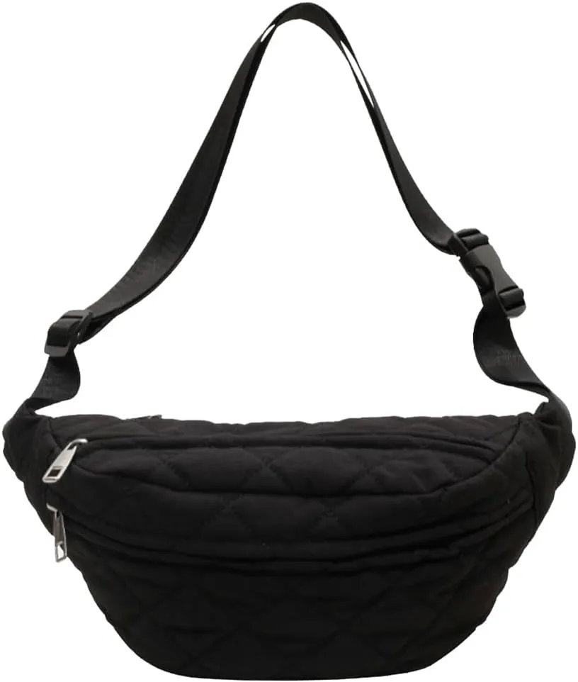 Quilted Waist Bag Fashion Chest Bag Adjustable Strap Trendy Fanny Pack Large Capacity Crossbody Sling Bag Zip Closure Outdoor Travel Bag (Black)