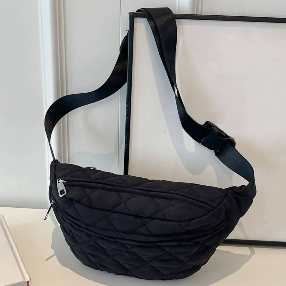 Quilted Waist Bag Fashion Chest Bag Adjustable Strap Trendy Fanny Pack Large Capacity Crossbody Sling Bag Zip Closure Outdoor Travel Bag (Black)