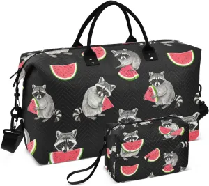 Raccoon Watermelon Slice Black Sports Gym Bag for Women Men Travel Duffel Bag Weekend Overnight Carry on Bag with Toiletry Bag Training Handbag for Workout Swimming Yoga Plane Hospital