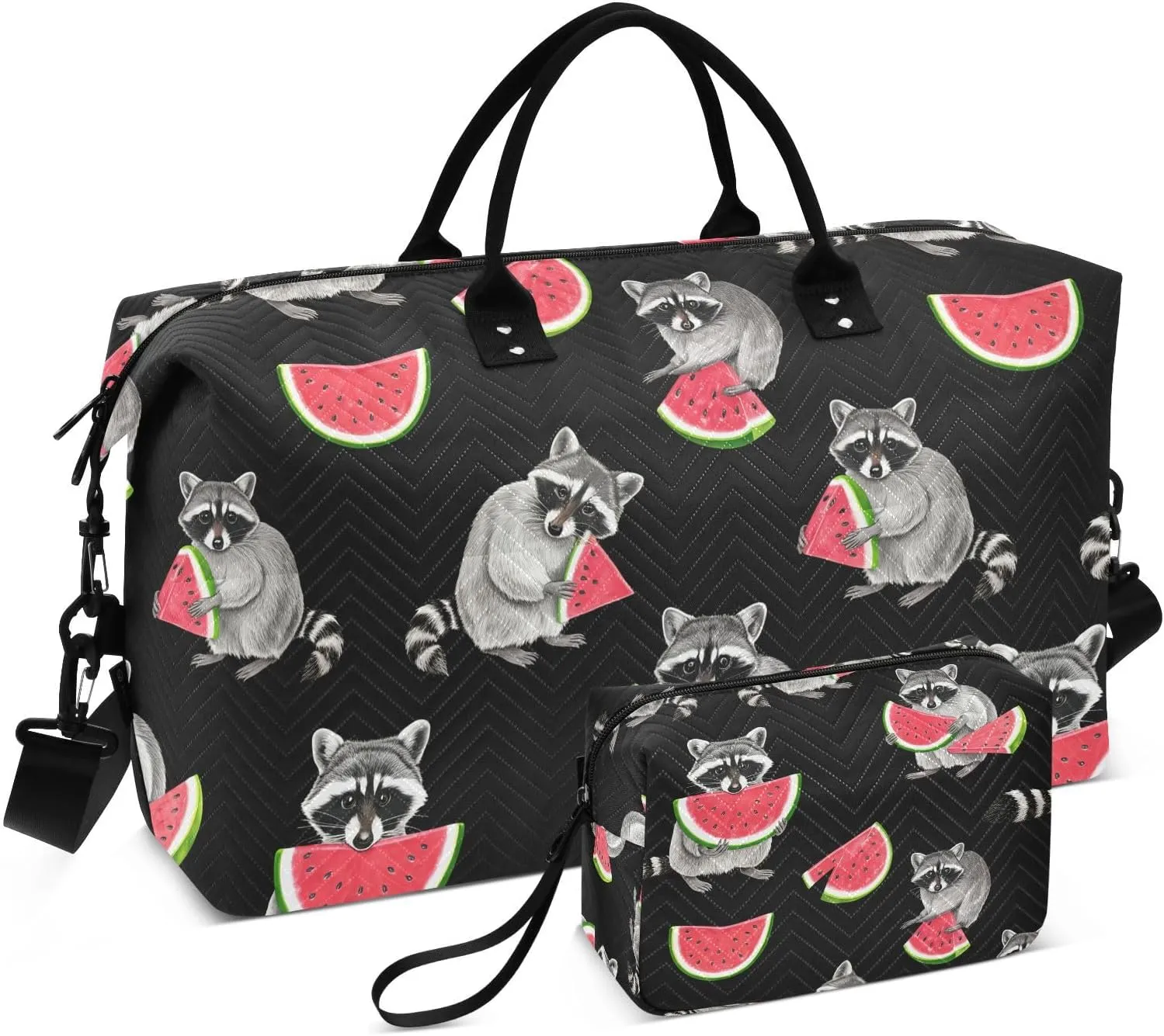 Raccoon Watermelon Slice Black Sports Gym Bag for Women Men Travel Duffel Bag Weekend Overnight Carry on Bag with Toiletry Bag Training Handbag for Workout Swimming Yoga Plane Hospital