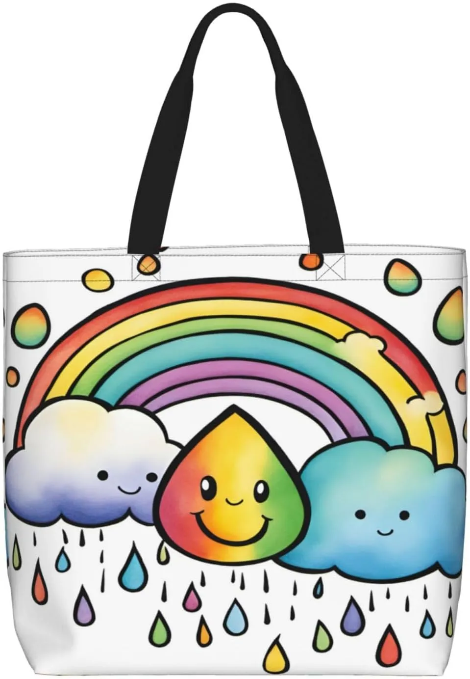 Rainbow Clouds Raindrop 1 Print Large Capacity Zipper Shoulder Tote Bag,Reusable Grocery,Beach and Travel Bag
