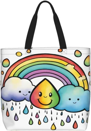 Rainbow Clouds Raindrop 1 Print Large Capacity Zipper Shoulder Tote Bag,Reusable Grocery,Beach and Travel Bag
