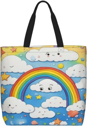 Rainbow Clouds Raindrop Print Large Capacity Zipper Shoulder Tote Bag,Reusable Grocery,Beach and Travel Bag