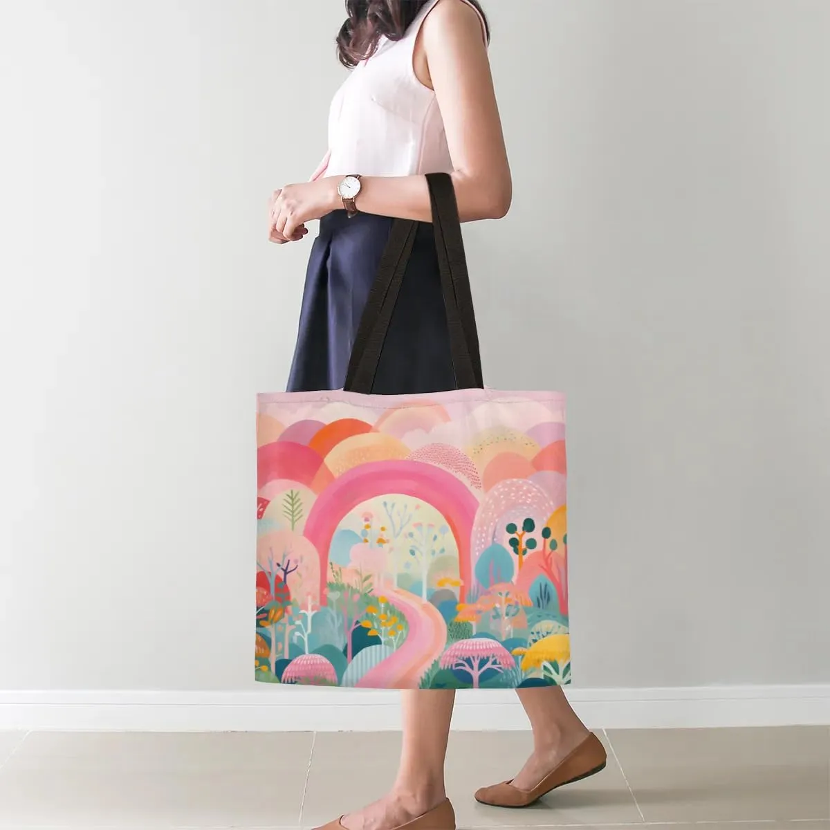 Rainbow Forest Canvas Tote Bag for Women Men Stylish Tote Handbag Shoulder Bag Reusable Grocery Bag