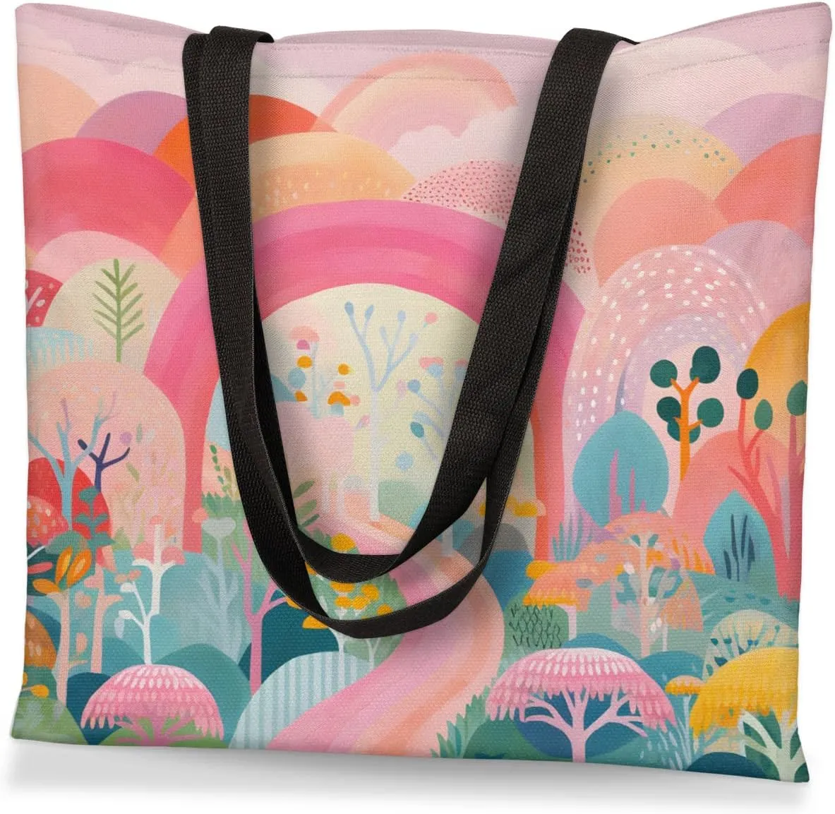 Rainbow Forest Canvas Tote Bag for Women Men Stylish Tote Handbag Shoulder Bag Reusable Grocery Bag