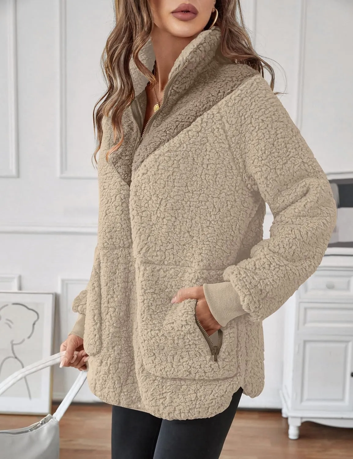 Rapbin Women Half Zip Pullover Long Sleeve Casual Fuzzy Sherpa Fleece Jacket Sweatshirts Winter Outerwear Top with Pockets