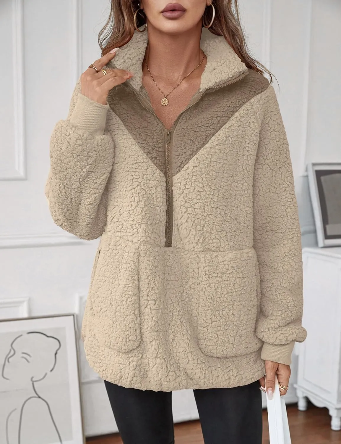 Rapbin Women Half Zip Pullover Long Sleeve Casual Fuzzy Sherpa Fleece Jacket Sweatshirts Winter Outerwear Top with Pockets
