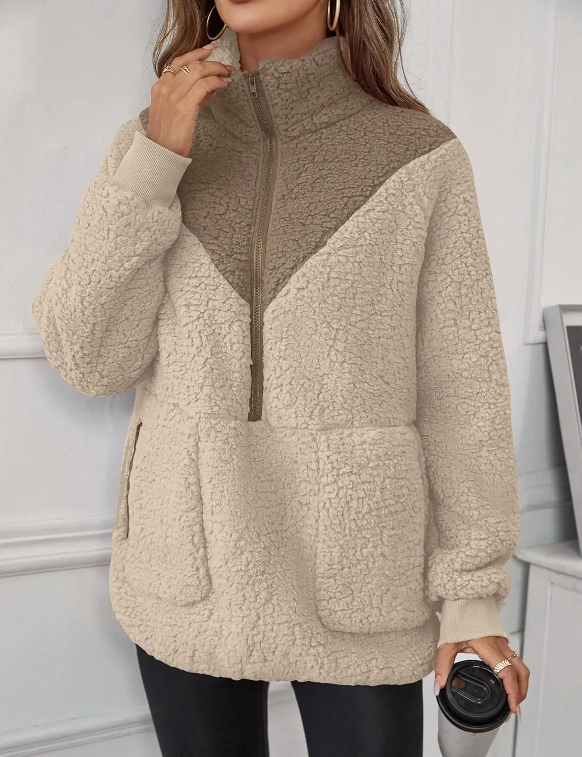Rapbin Women Half Zip Pullover Long Sleeve Casual Fuzzy Sherpa Fleece Jacket Sweatshirts Winter Outerwear Top with Pockets