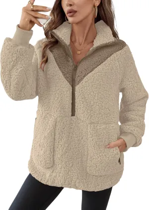 Rapbin Women Half Zip Pullover Long Sleeve Casual Fuzzy Sherpa Fleece Jacket Sweatshirts Winter Outerwear Top with Pockets