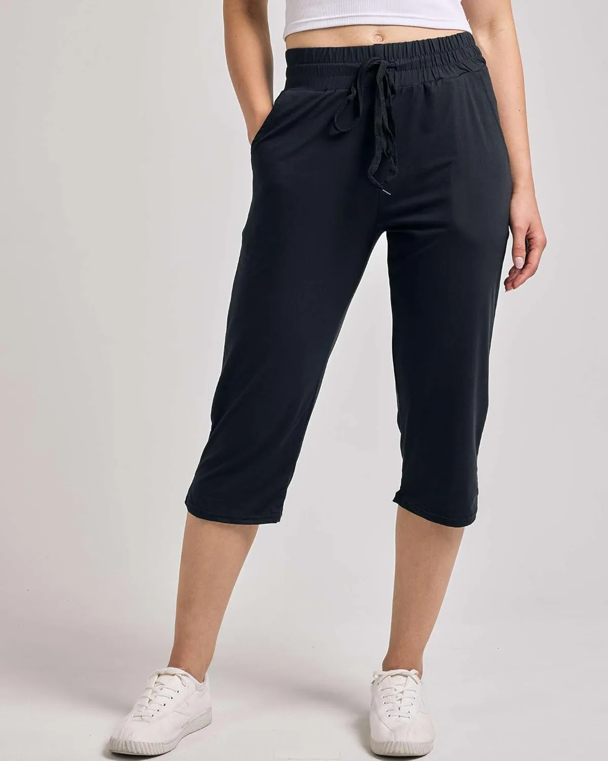 Real Essentials 3-Pack: Women's Capri Open Bottom Soft Sweatpants with Drawstring (Available in Plus Size)