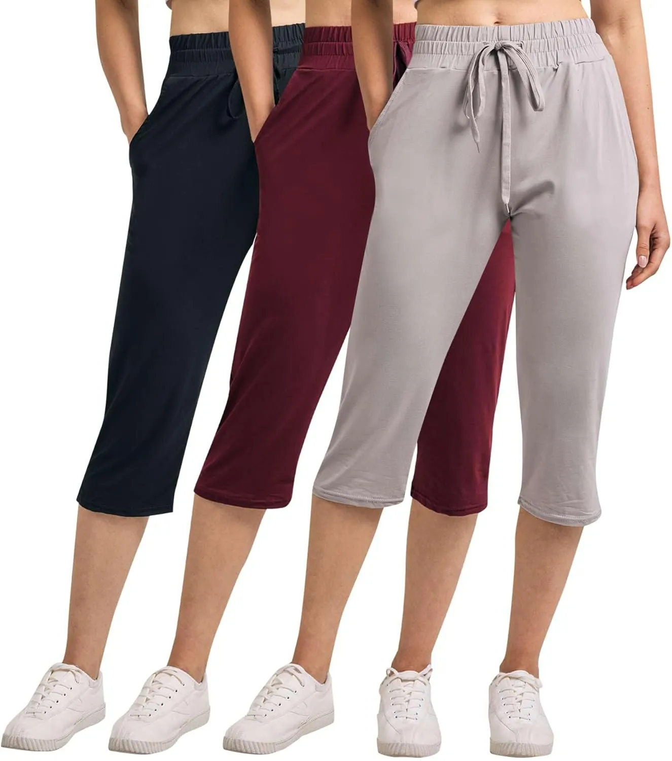 Real Essentials 3-Pack: Women's Capri Open Bottom Soft Sweatpants with Drawstring (Available in Plus Size)