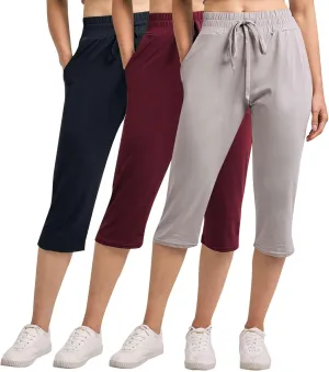 Real Essentials 3-Pack: Women's Capri Open Bottom Soft Sweatpants with Drawstring (Available in Plus Size)