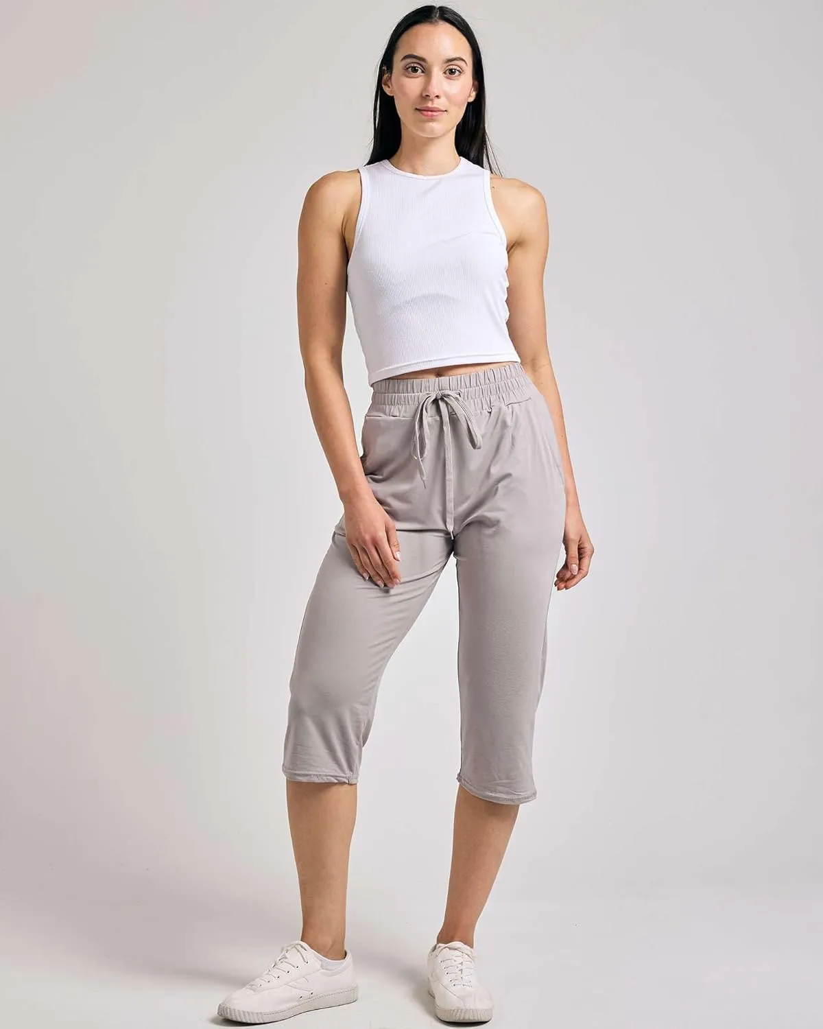 Real Essentials 3-Pack: Women's Capri Open Bottom Soft Sweatpants with Drawstring (Available in Plus Size)
