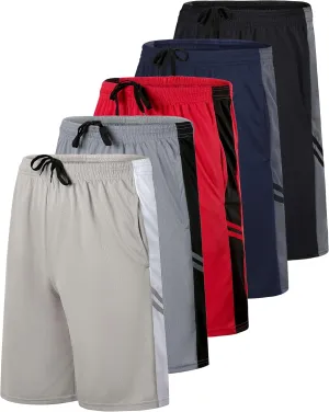 Real Essentials Boys' 5-Pack Mesh Active Athletic Performance Basketball Shorts with Pockets
