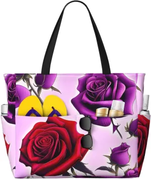 Red and purple roses Print 28L Beach Tote Bag, Water-resistant Travel Tote, Lightweight Gym & Camping Carryall