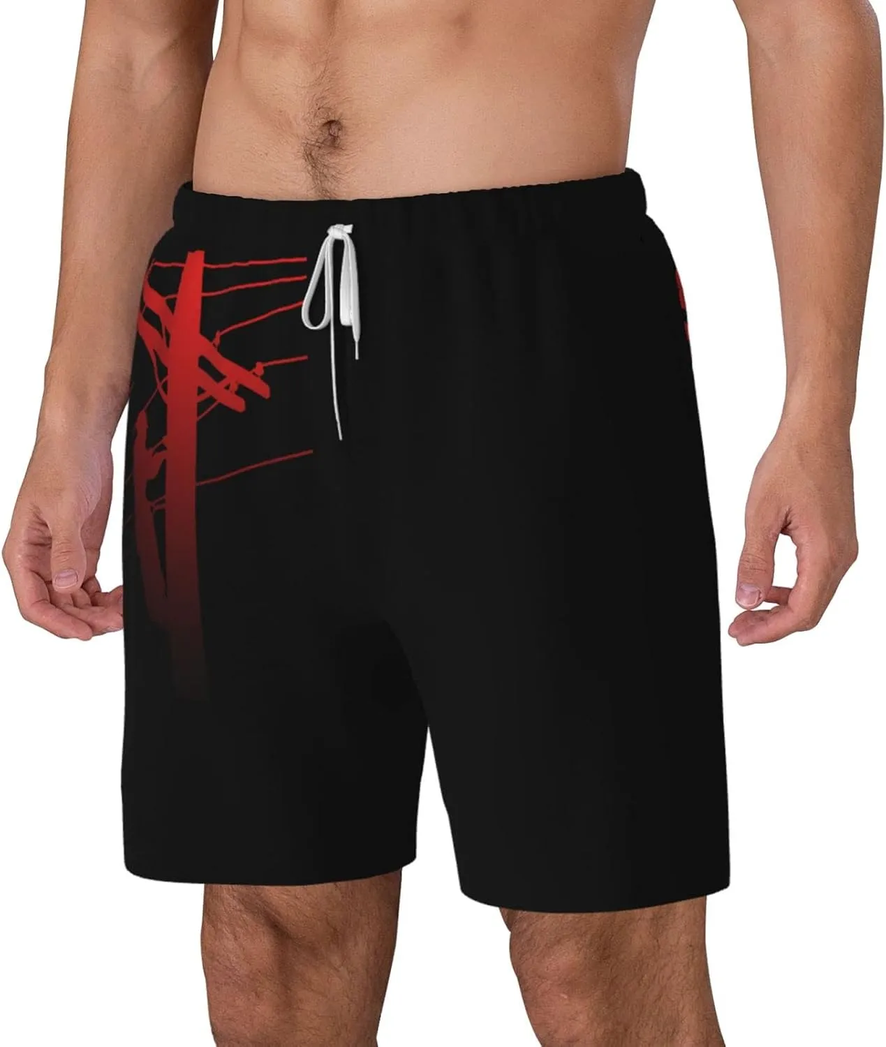 Red Lineman Men's Double Layer Swim Trunks Beach Shorts with Compression Liner Swimwear