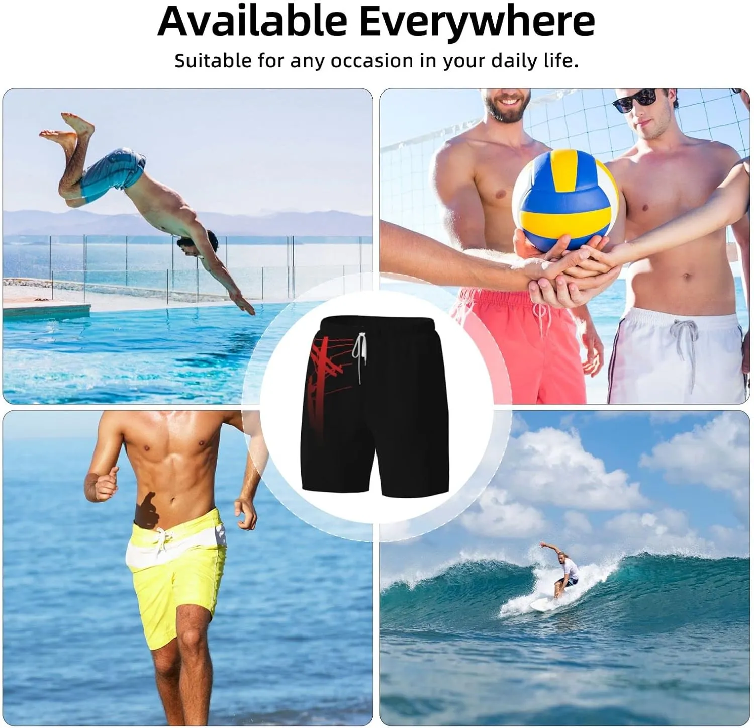 Red Lineman Men's Double Layer Swim Trunks Beach Shorts with Compression Liner Swimwear
