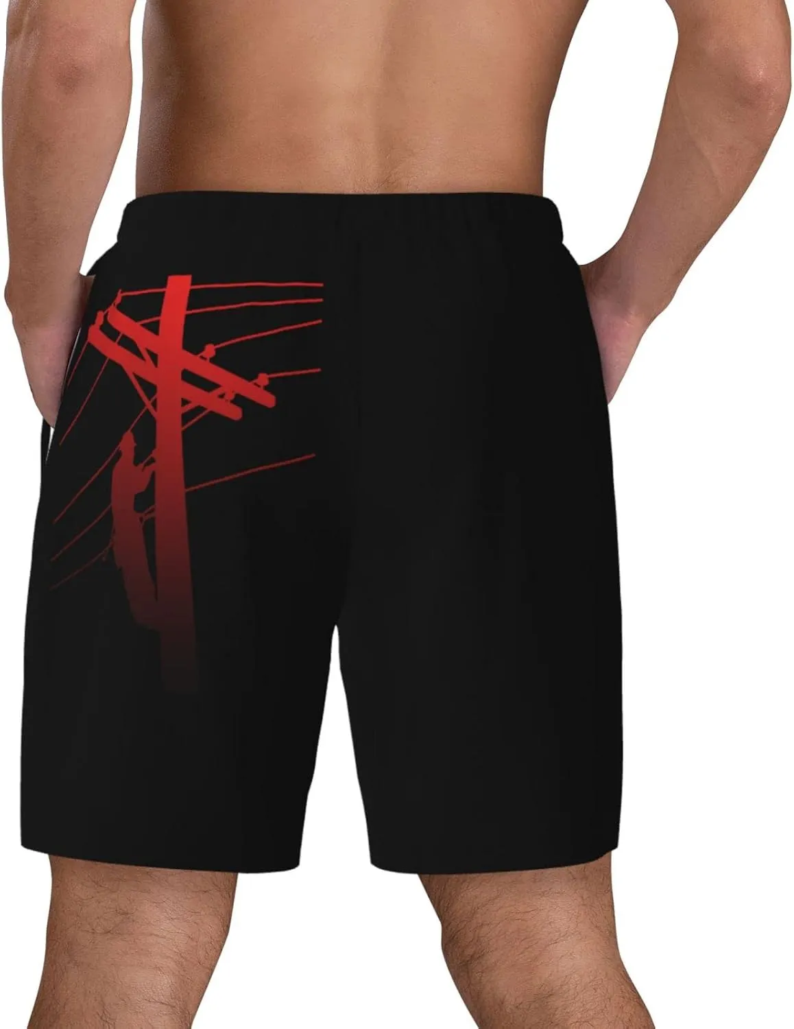Red Lineman Men's Double Layer Swim Trunks Beach Shorts with Compression Liner Swimwear