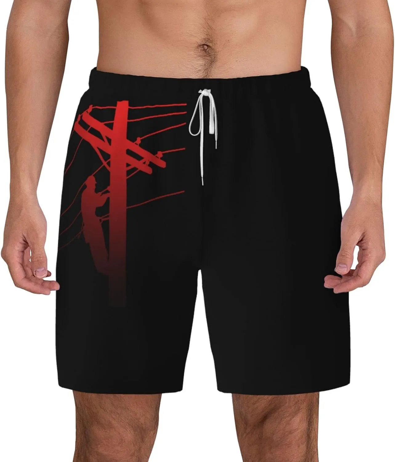 Red Lineman Men's Double Layer Swim Trunks Beach Shorts with Compression Liner Swimwear