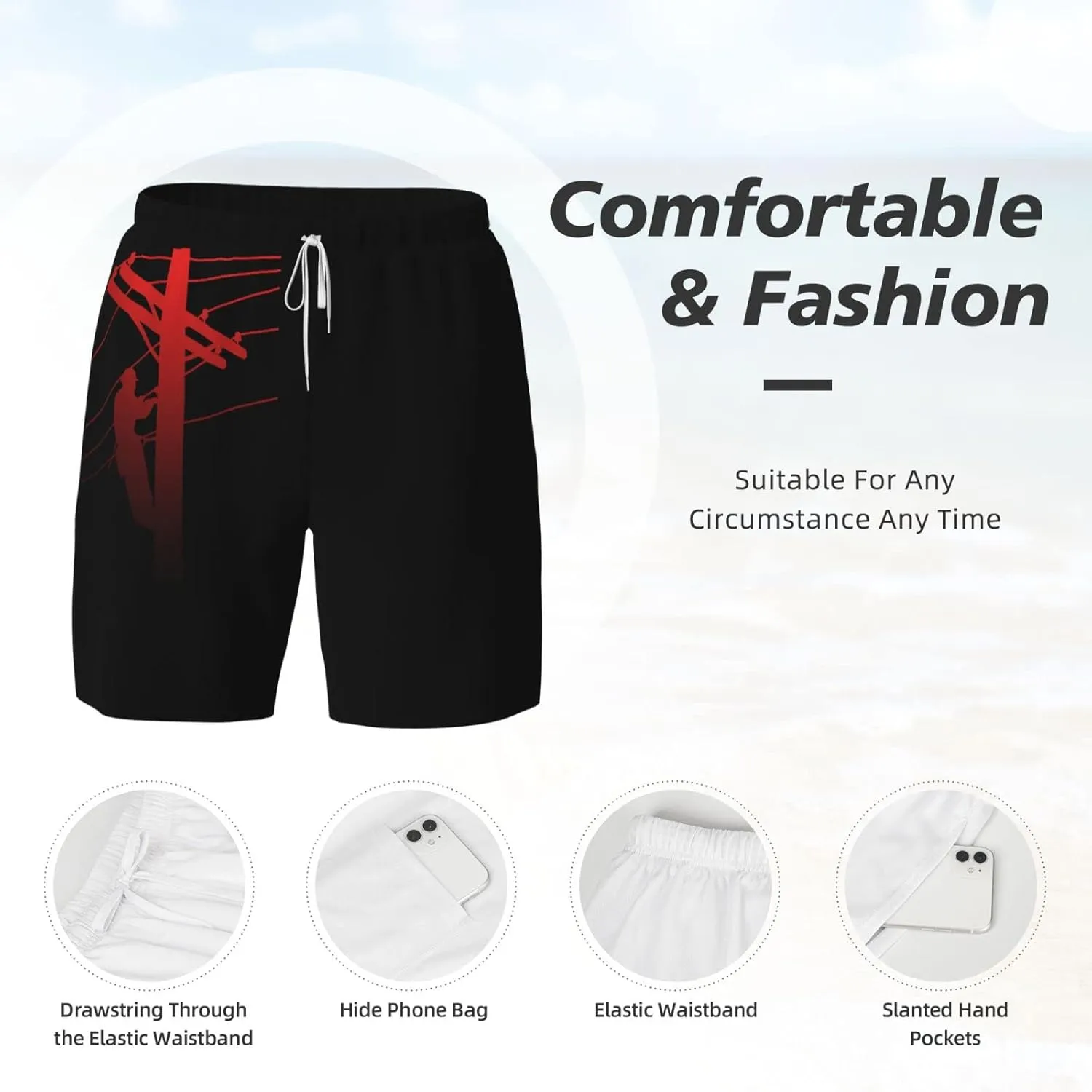 Red Lineman Men's Double Layer Swim Trunks Beach Shorts with Compression Liner Swimwear