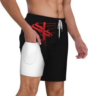 Red Lineman Men's Double Layer Swim Trunks Beach Shorts with Compression Liner Swimwear