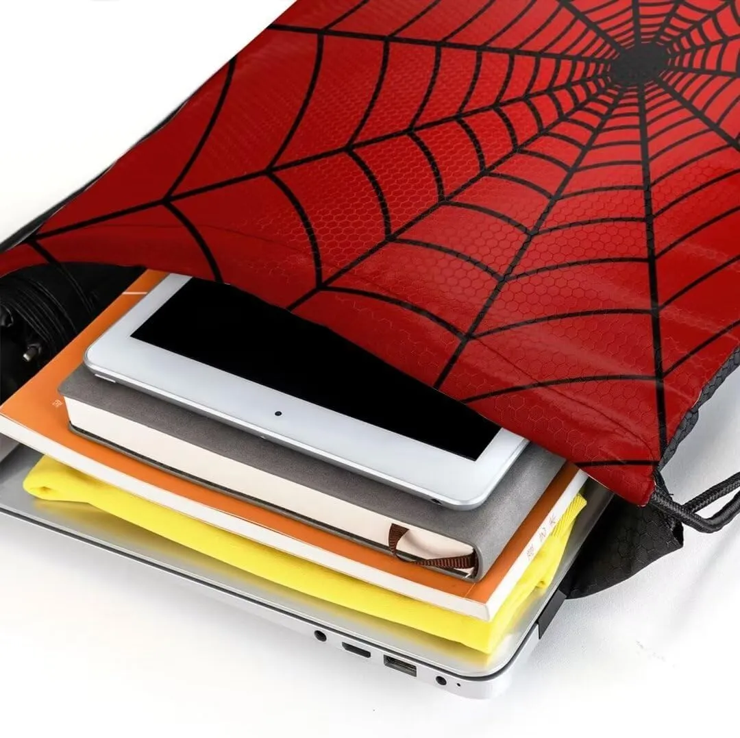 Red Spider Web Drawstring Bags Spiders Web Pattern on Bright Red Background String Bags for Women Men Cool Cobweb Sport Gym Sack Travel Hiking Daypacks Casual Backpack for Yoga Shopping