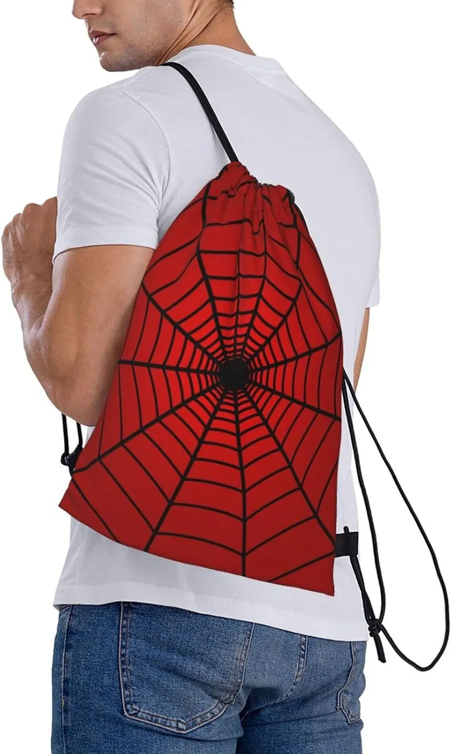 Red Spider Web Drawstring Bags Spiders Web Pattern on Bright Red Background String Bags for Women Men Cool Cobweb Sport Gym Sack Travel Hiking Daypacks Casual Backpack for Yoga Shopping