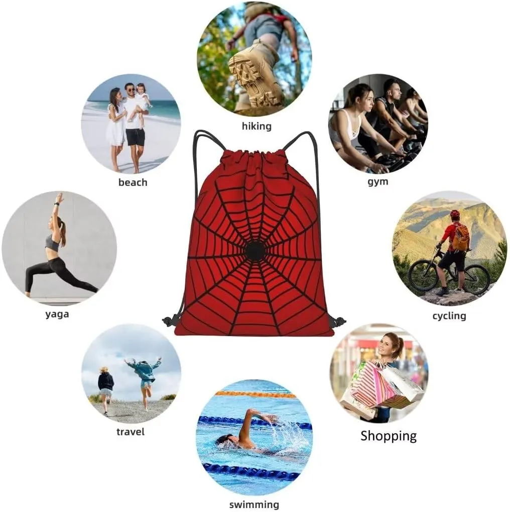 Red Spider Web Drawstring Bags Spiders Web Pattern on Bright Red Background String Bags for Women Men Cool Cobweb Sport Gym Sack Travel Hiking Daypacks Casual Backpack for Yoga Shopping