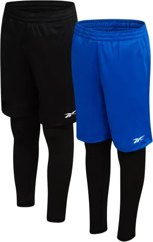 Reebok Boys Basketball Shorts - 2 Pack 2-in-1 Boys Athletic Shorts for Running with Compression Leggings Pockets & Drawstring