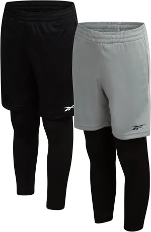 Reebok Boys Basketball Shorts - 2 Pack 2-in-1 Boys Athletic Shorts for Running with Compression Leggings Pockets & Drawstring