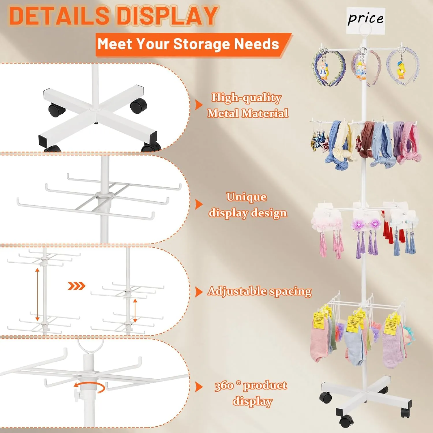 Retail Display Stand Rotating Display Stand 4 Tier Spinning Display Stand for Craft Shows, Jewelry, Keychain, Earring Adjustable Height Retail Display Racks (White)