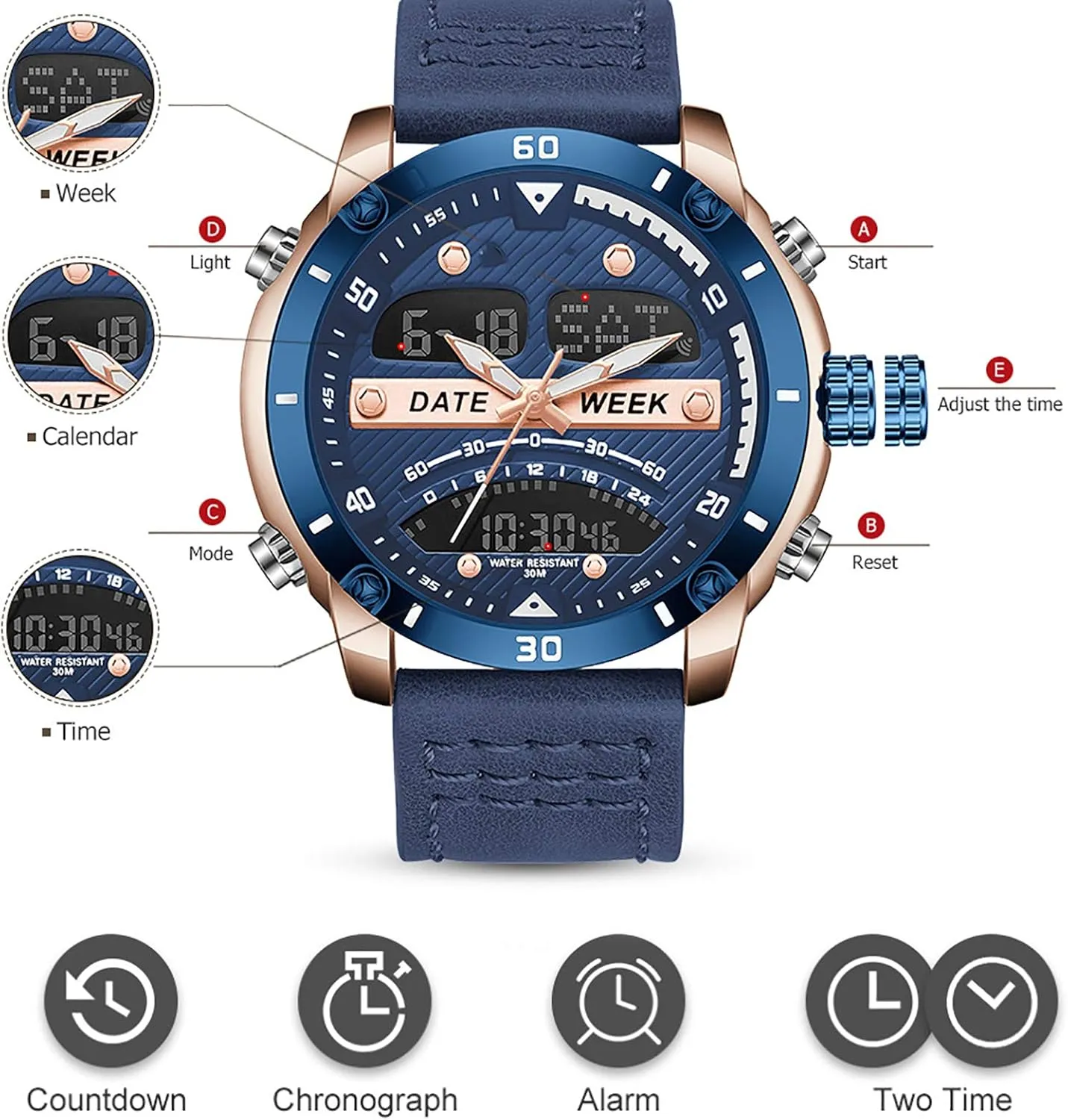 Retro Analog Business Wristwatc,Fashion Simple Analog Watch with Luminous, Alarm Clock,Leather Band Large Dial A