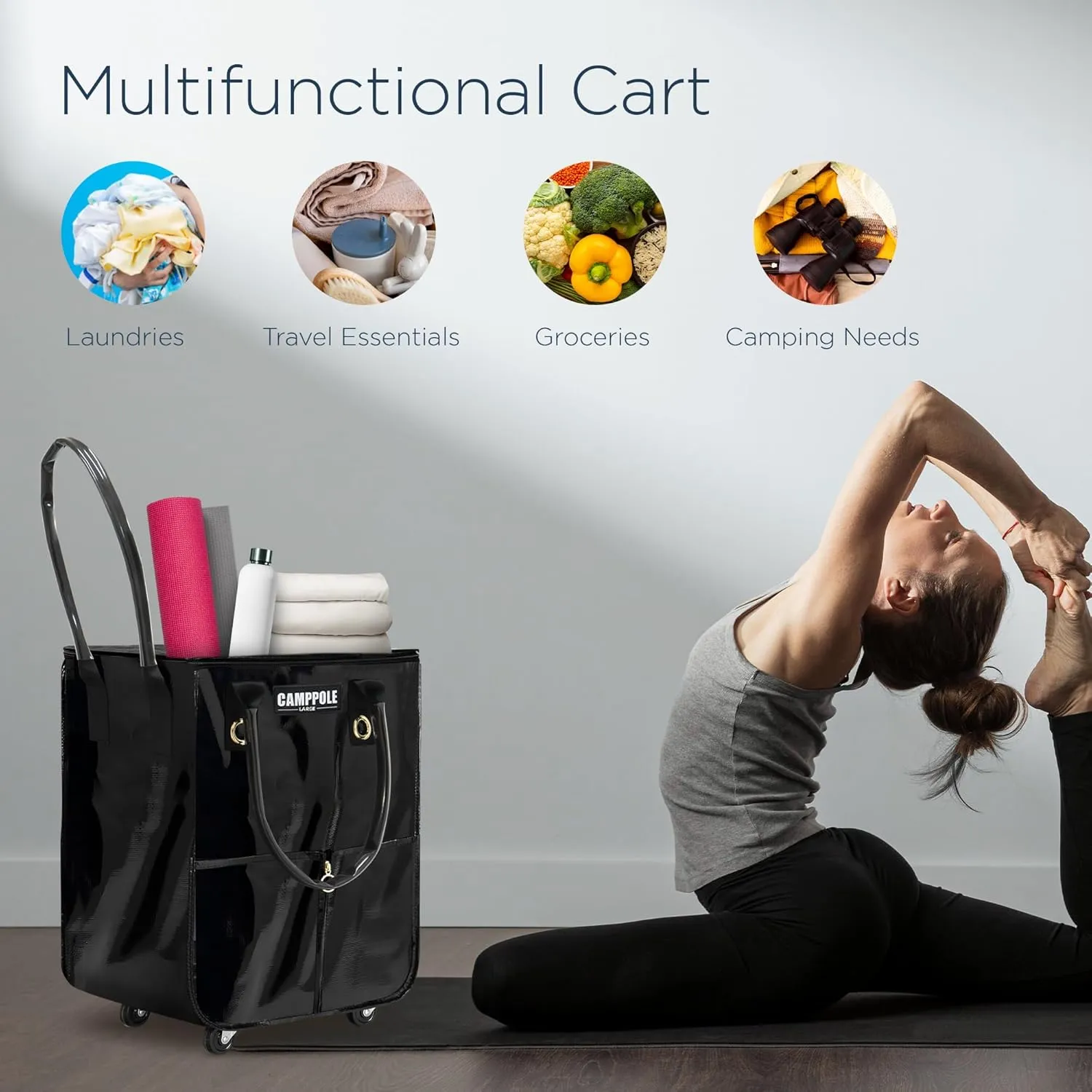 Reusable Grocery Bag On Wheels, Shopping Carts for Groceries, Lightweight Rolling Tote, Folding Grocery Cart Carries Up to 66 lb, Black Water-Proof Bag for Moving, Travel, Camping