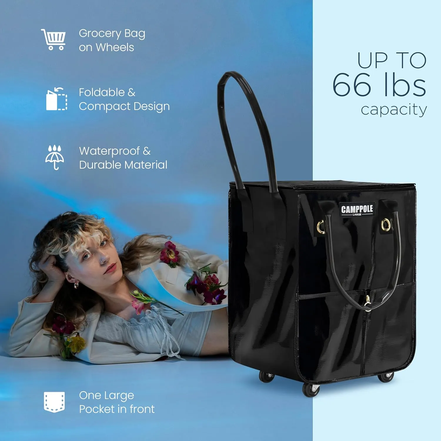 Reusable Grocery Bag On Wheels, Shopping Carts for Groceries, Lightweight Rolling Tote, Folding Grocery Cart Carries Up to 66 lb, Black Water-Proof Bag for Moving, Travel, Camping