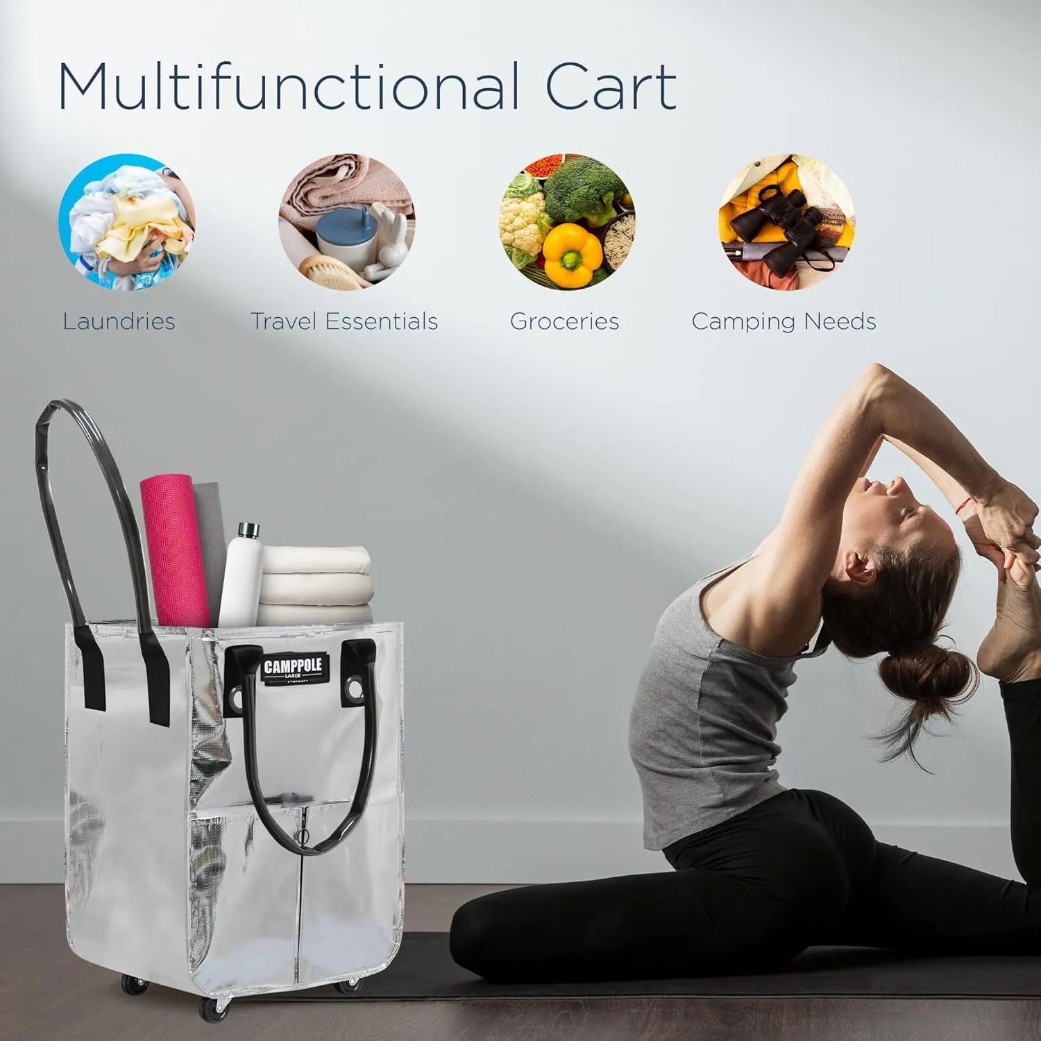 Reusable Grocery Bag On Wheels, Shopping Carts for Groceries with Card Holder, Lightweight Rolling Tote, Folding Grocery Cart Carries Up to 66 lb, Water-Proof Bag for Moving, Travel, Camping, Medium