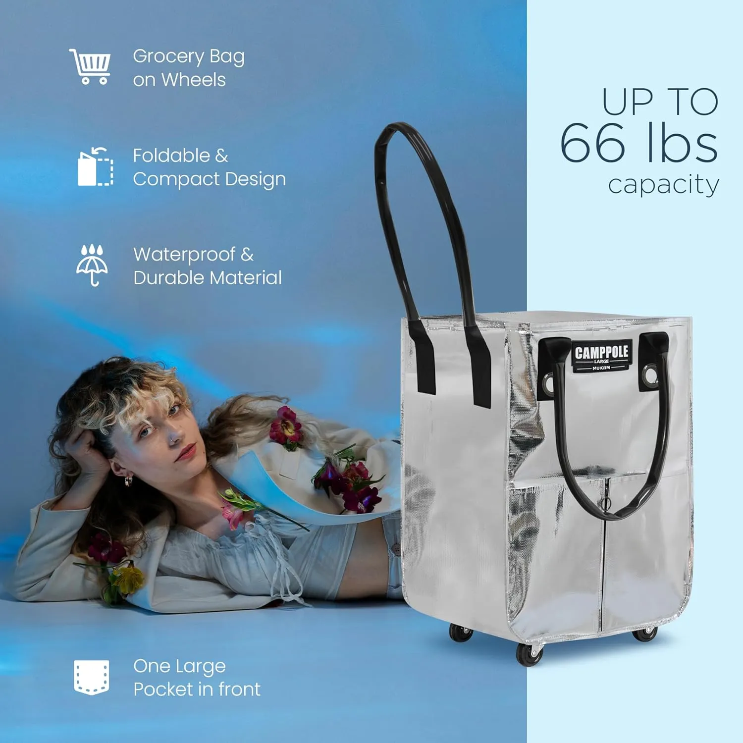 Reusable Grocery Bag On Wheels, Shopping Carts for Groceries with Card Holder, Lightweight Rolling Tote, Folding Grocery Cart Carries Up to 66 lb, Water-Proof Bag for Moving, Travel, Camping, Medium