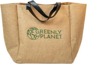 Reusable Grocery Bag with Faux Leather Strap Handle - Large Heavy Duty Jute Tote Handbag (Black Strap)