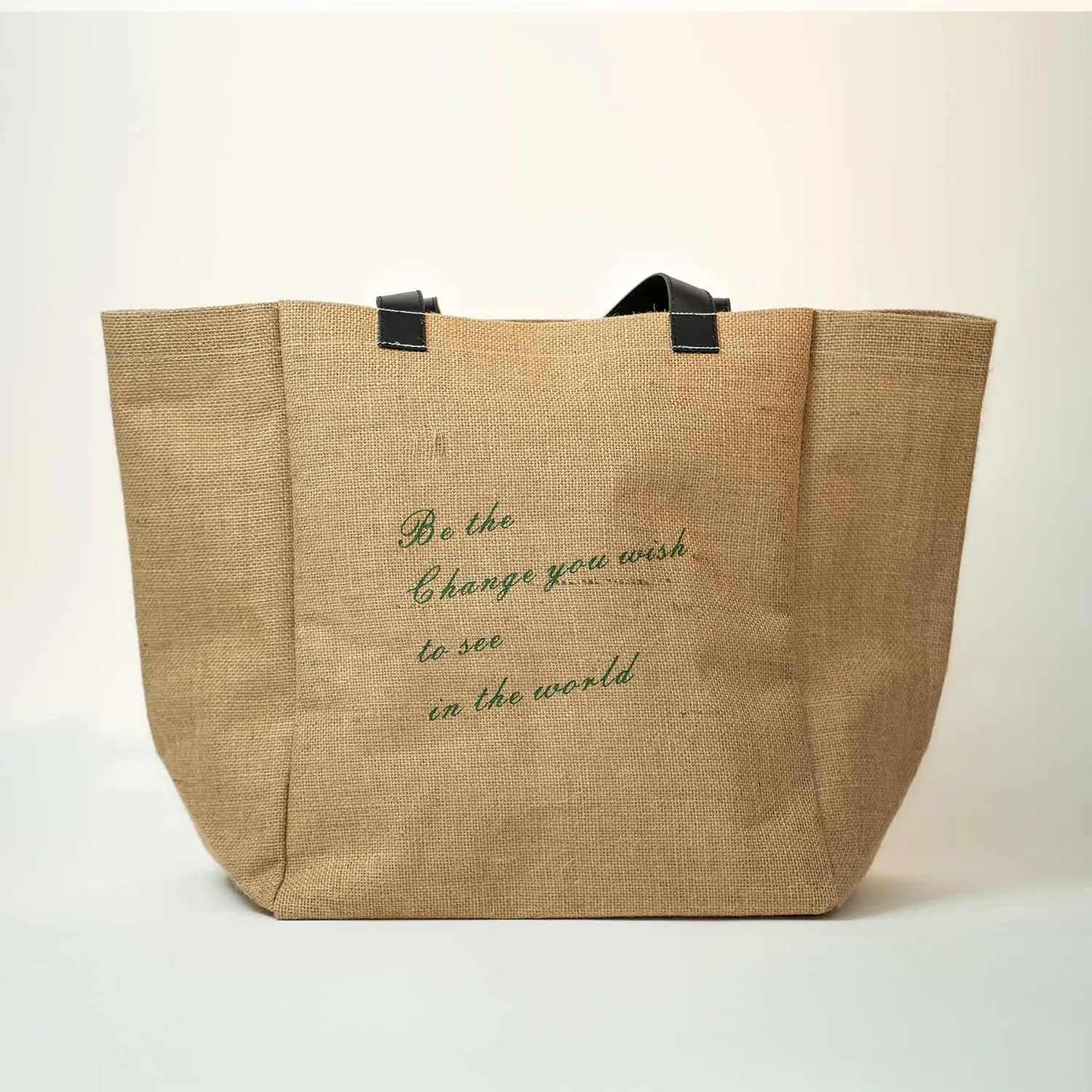 Reusable Grocery Bag with Faux Leather Strap Handle - Large Heavy Duty Jute Tote Handbag (Black Strap)